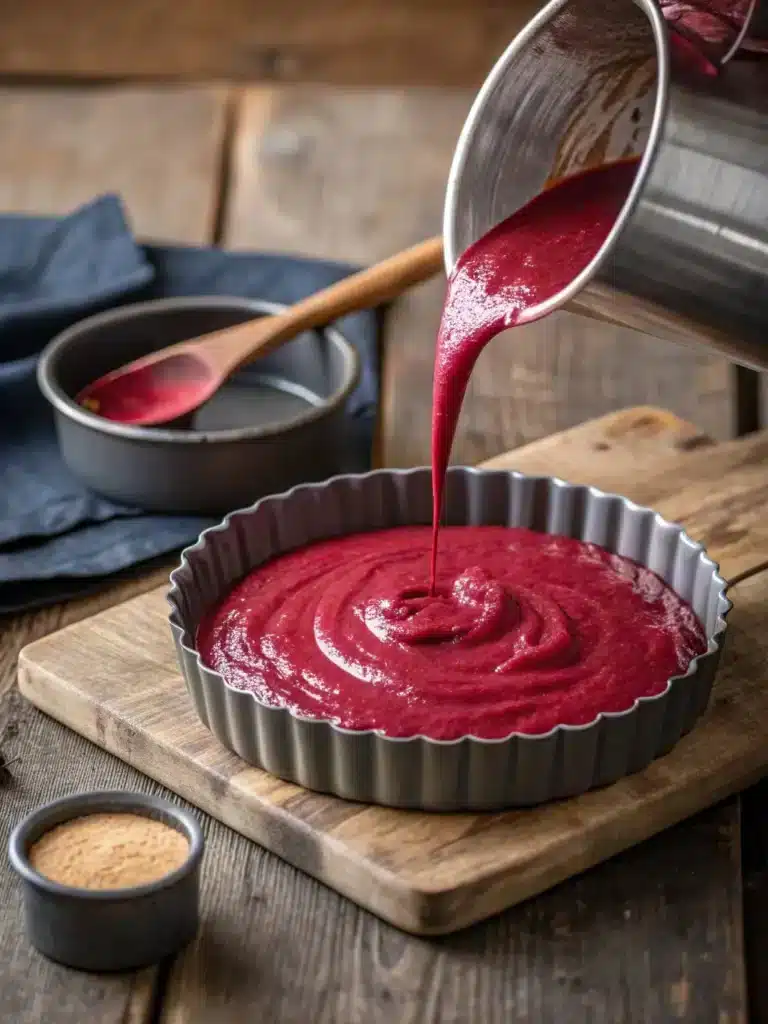 Vegan Red Velvet Cake with Beetroot – Naturally Moist & Colorful 5 Pouring beetroot batter into cake tin