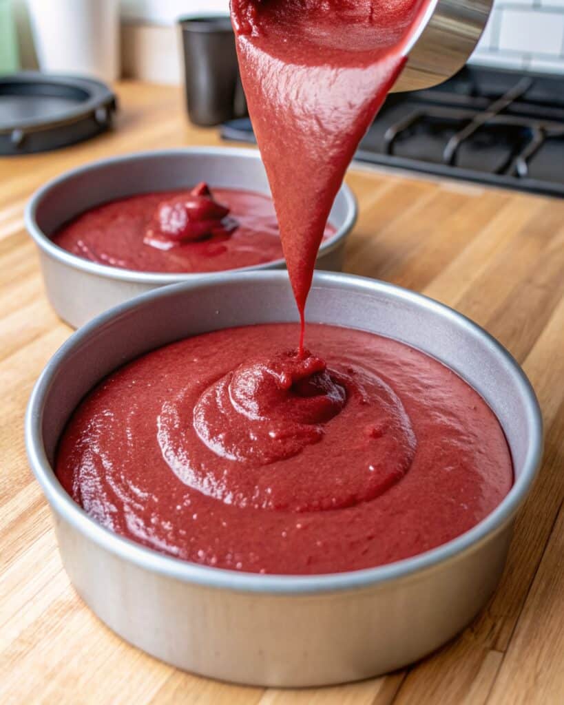 Gluten Free Vegan Red Velvet Cake That’s Moist, Rich, and Perfect for Everyone 5 Pouring gluten free vegan red velvet cake batter