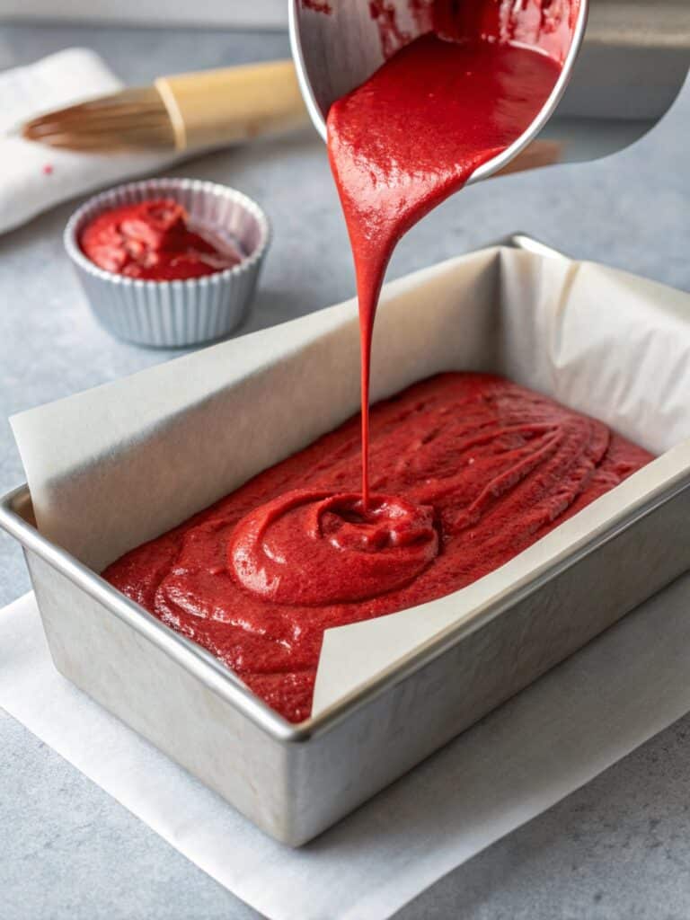 Vegan Red Velvet Loaf Cake: A Dreamy Twist on a Classic Favorite 5 pouring batter for vegan red velvet loaf cake