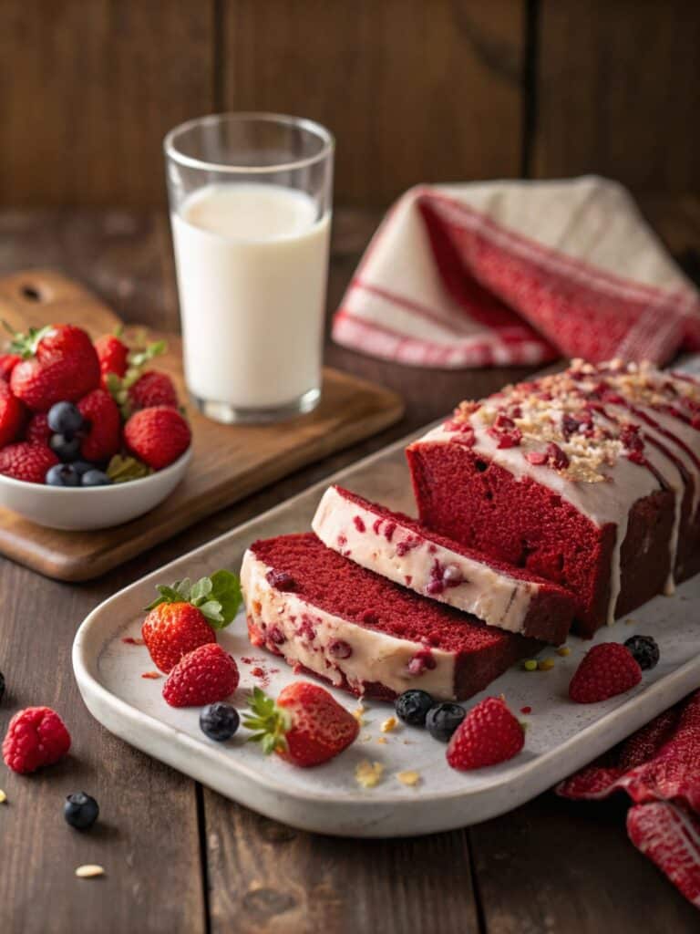 Vegan Red Velvet Loaf Cake: A Dreamy Twist on a Classic Favorite 6 sliced vegan red velvet loaf cake with berries